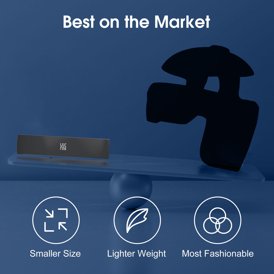 Balancing scale with big massager on one side and a smaller device on the other, set against a blue background with text 'Best on the Market'.