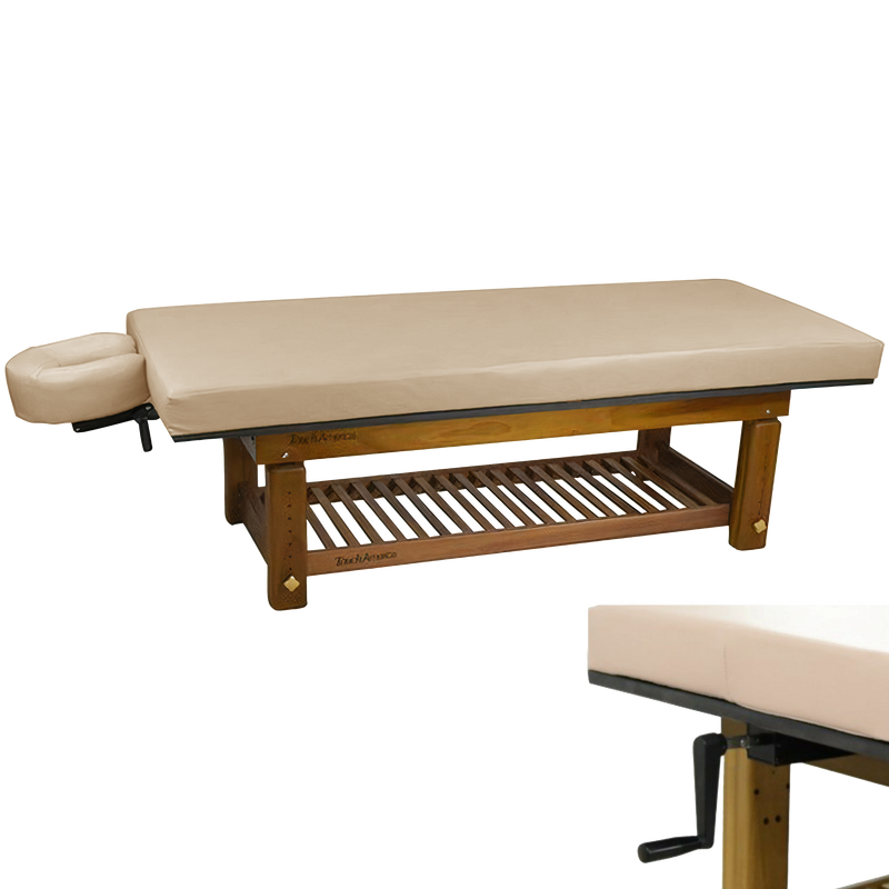 TouchAmerica SOLTERRA Teak Outdoor Treatment Table with wood base, face cradle, and shelf.