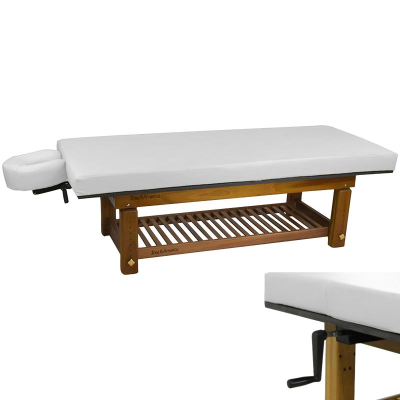 TouchAmerica SOLTERRA Teak Outdoor Treatment Table with white cushion, face cradle, and shelf.