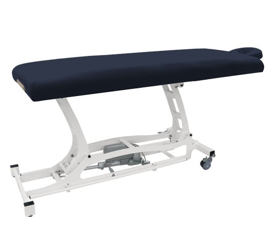 Elevating massage table with a navy blue cushion on a white background