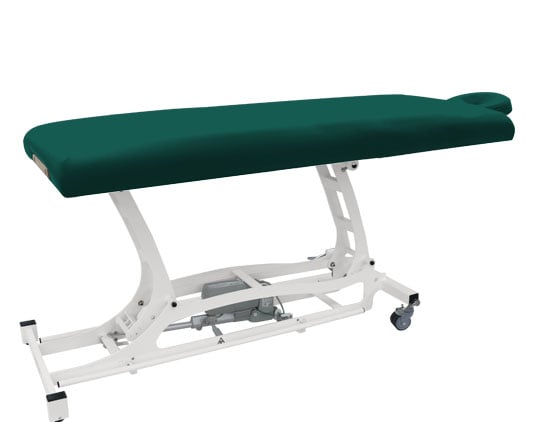 Teal Hands Free Basic therapy table with white base on a white background