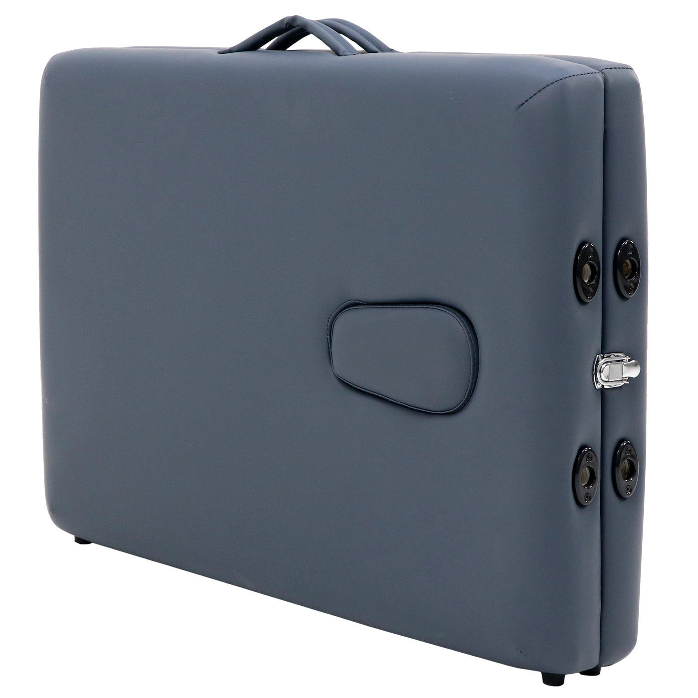 The Master Massage Harmon Economic Portable Table is blue, rectangular, closed, with handle and clasp.