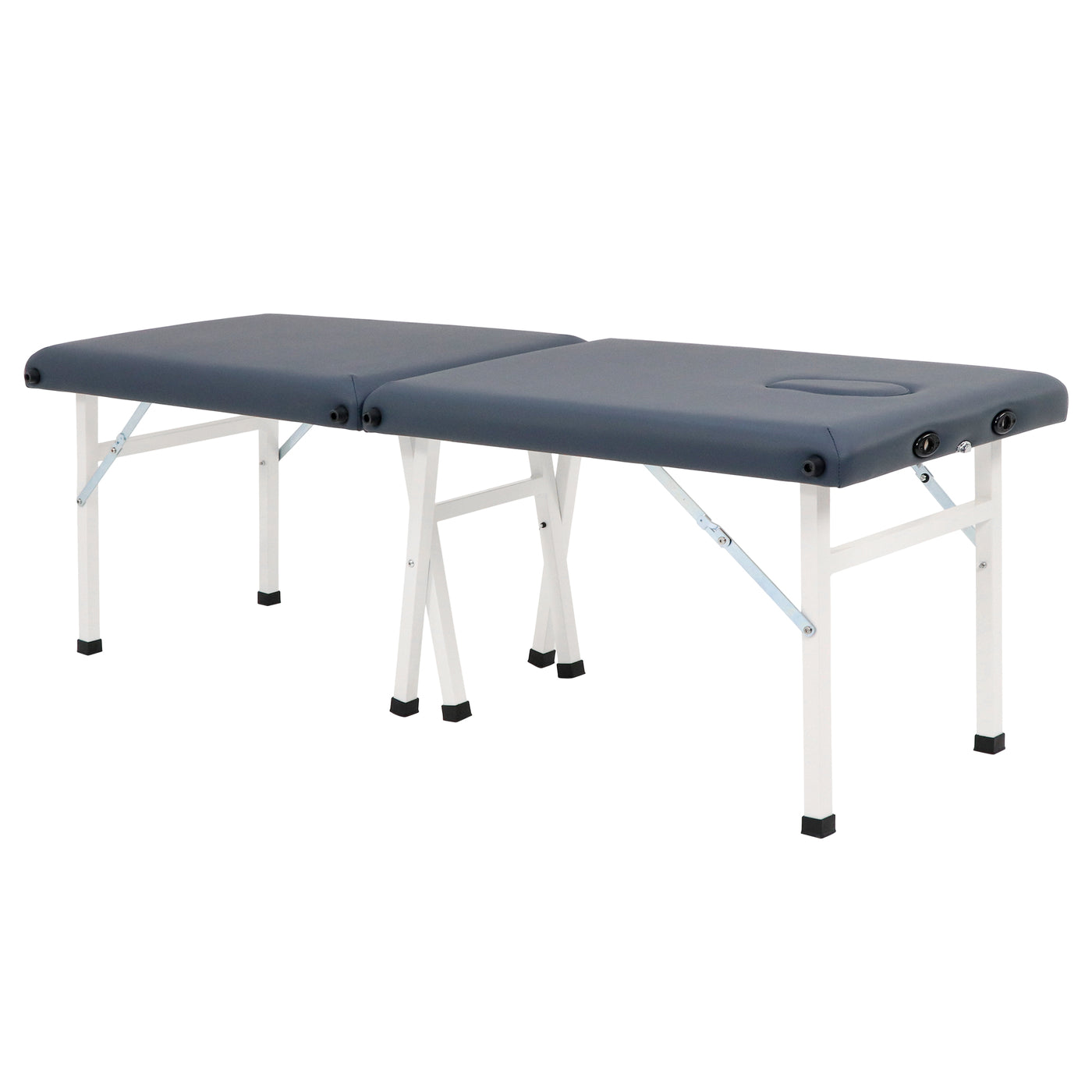 Master Massage Harmon Economic Portable Table with face hole, white legs, and dark cushion.