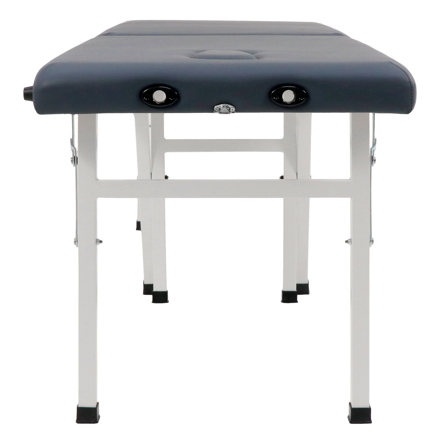 Front view of Master Massage Harmon Economic Table with white legs and dark padded surface.