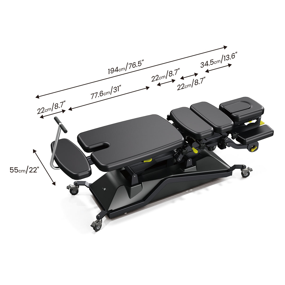 Black chiro table with dimensions labeled on a white background
