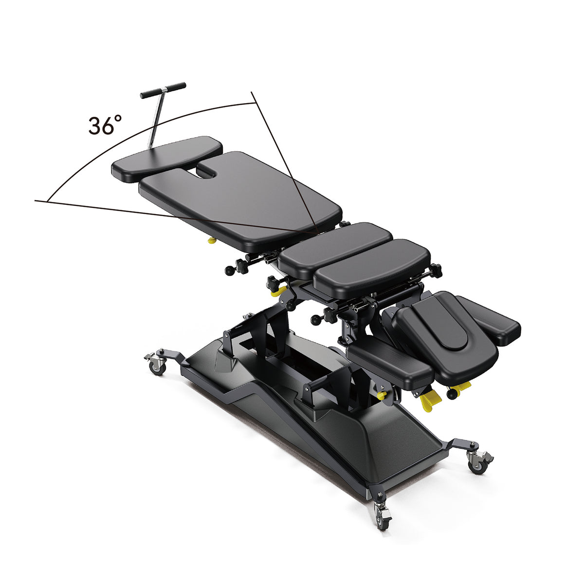 Black adjustable chiro table with a 36-degree angle indicator on a white background