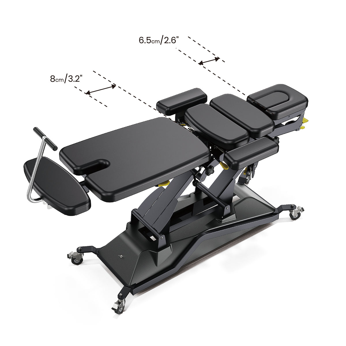 Black chiro table with measurements on a white background