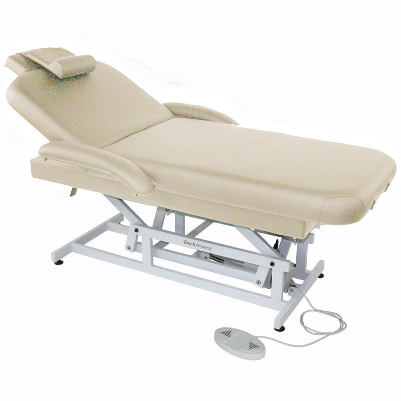 TouchAmerica HILO FACE & BODY motorized massage table with headrest and foot pedal, beige.