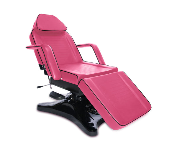 The Comfort Soul HYDRAULIC PRO pink facial chair has armrests, a black base, and is spa-ready.