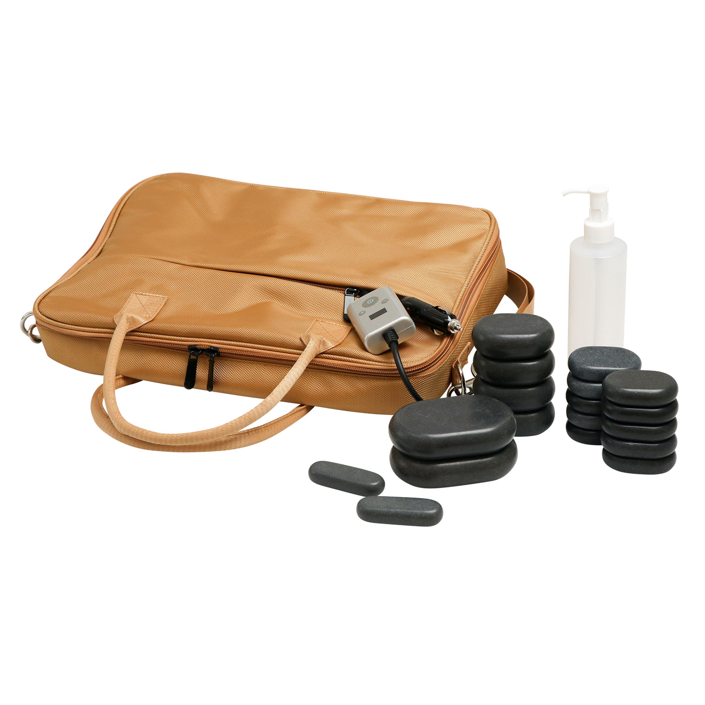 Brown bag with black stones and a white bottle on a white background