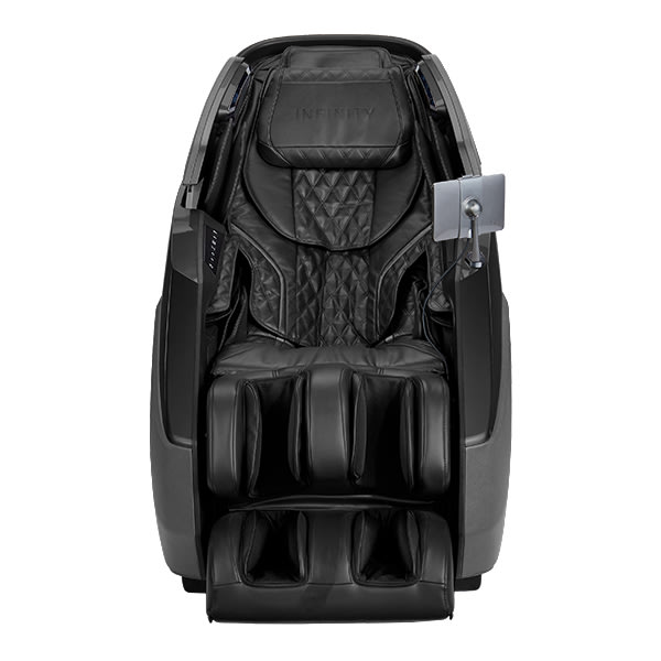 Certified preowned Infinity Imperial Syner-D massage chair with quilted padding and tablet holder.