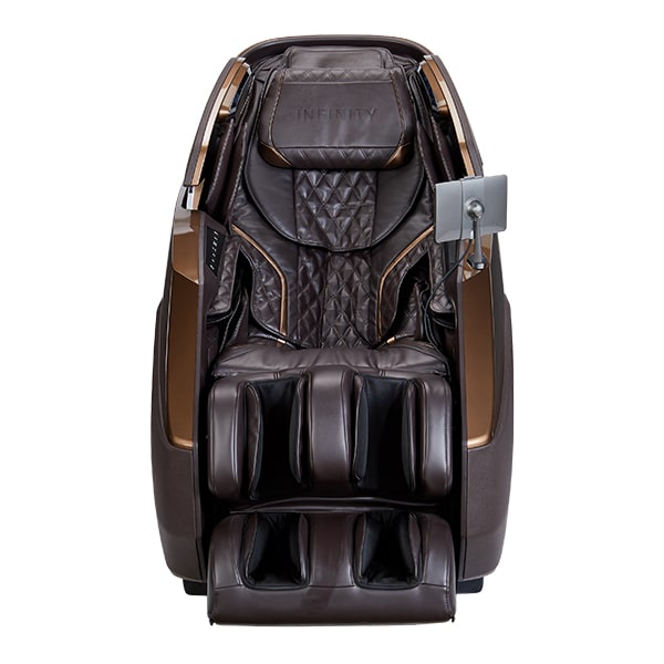 Certified preowned Infinity Imperial Syner-D massage chair with tablet holder, front view.