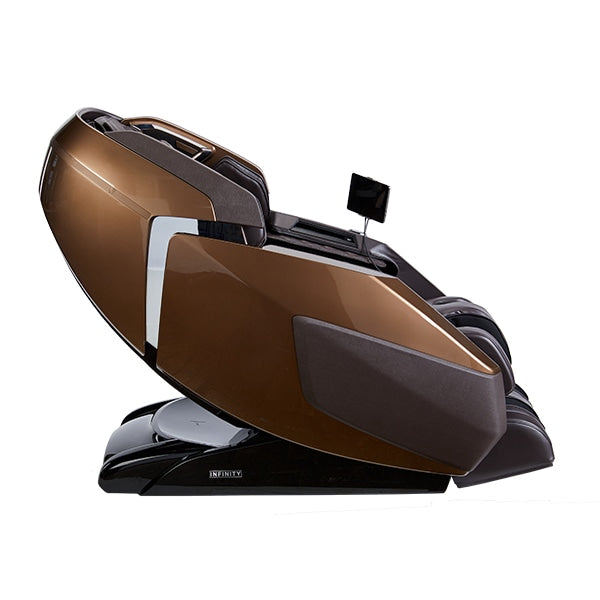 Infinity Imperial Syner-D Massage Chair by Infinity, brown, with screen, reclined for relaxation.