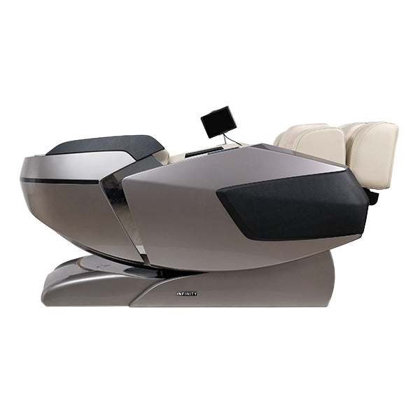 Modern massage chair with beige cushion on a white background