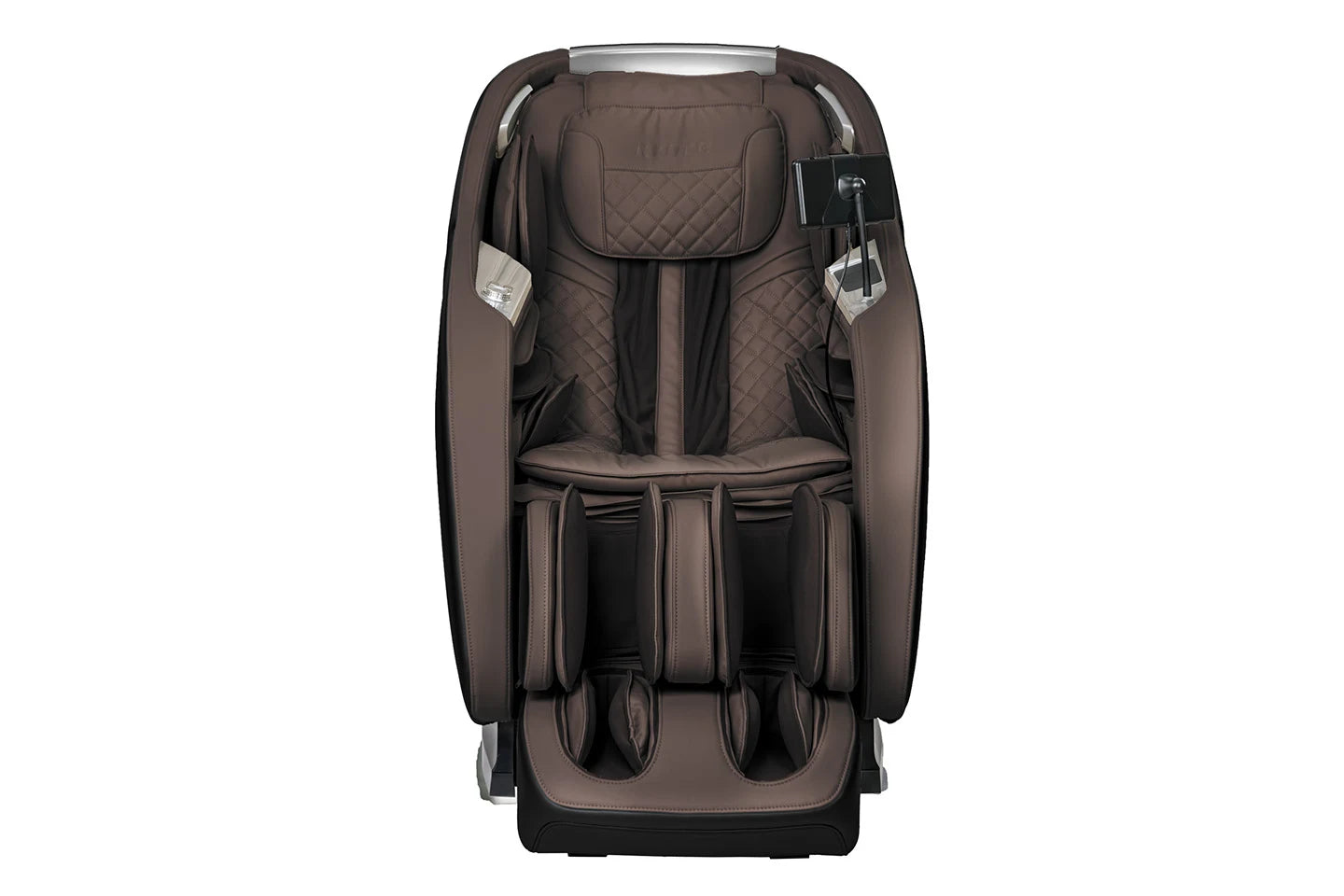 Kyota Joubu M880 4D Zero Gravity massage chair, brown, with leg and arm compartments, front view.