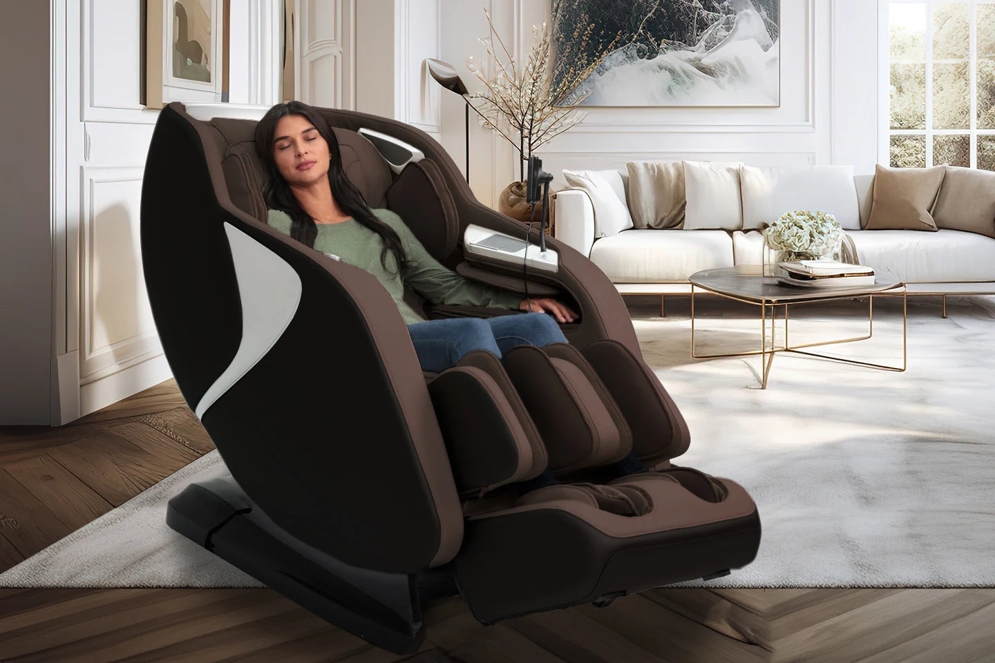 Woman relaxing in a Kyota Joubu M880 4D Zero Gravity Massage Chair in a neutral modern living room.