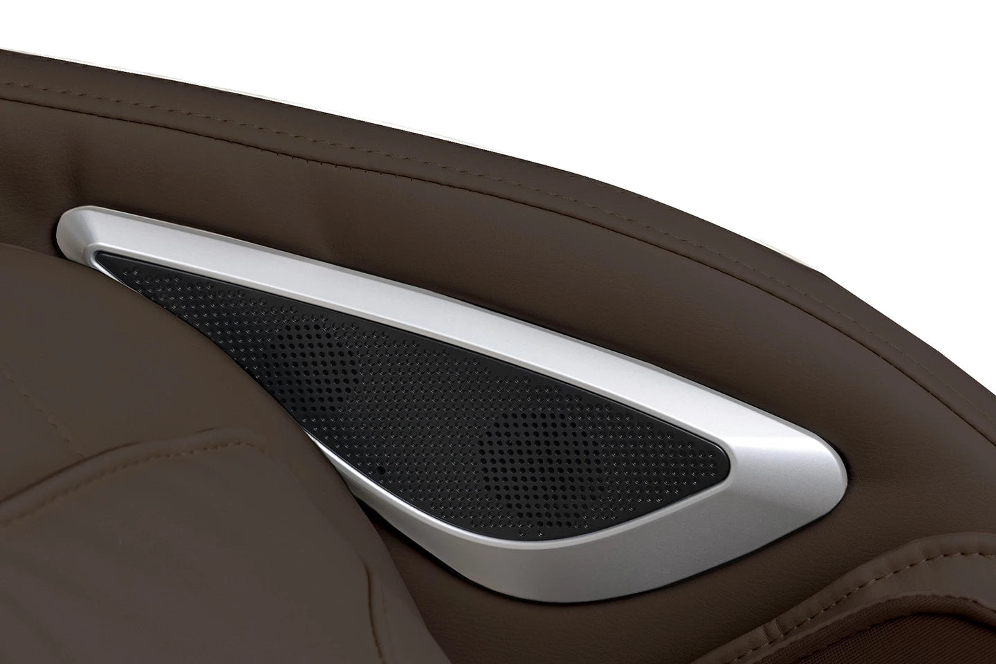Close-up of a built-in speaker on the Kyota Joubu M880 4D massage chair with brown leather.