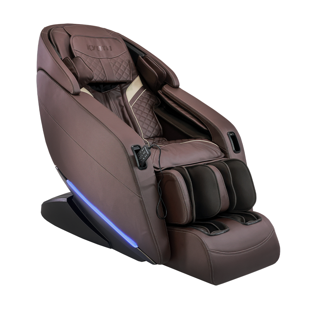 Kyota Yugana M780 4D massage chair with remote, blue base lights, and calf massage.