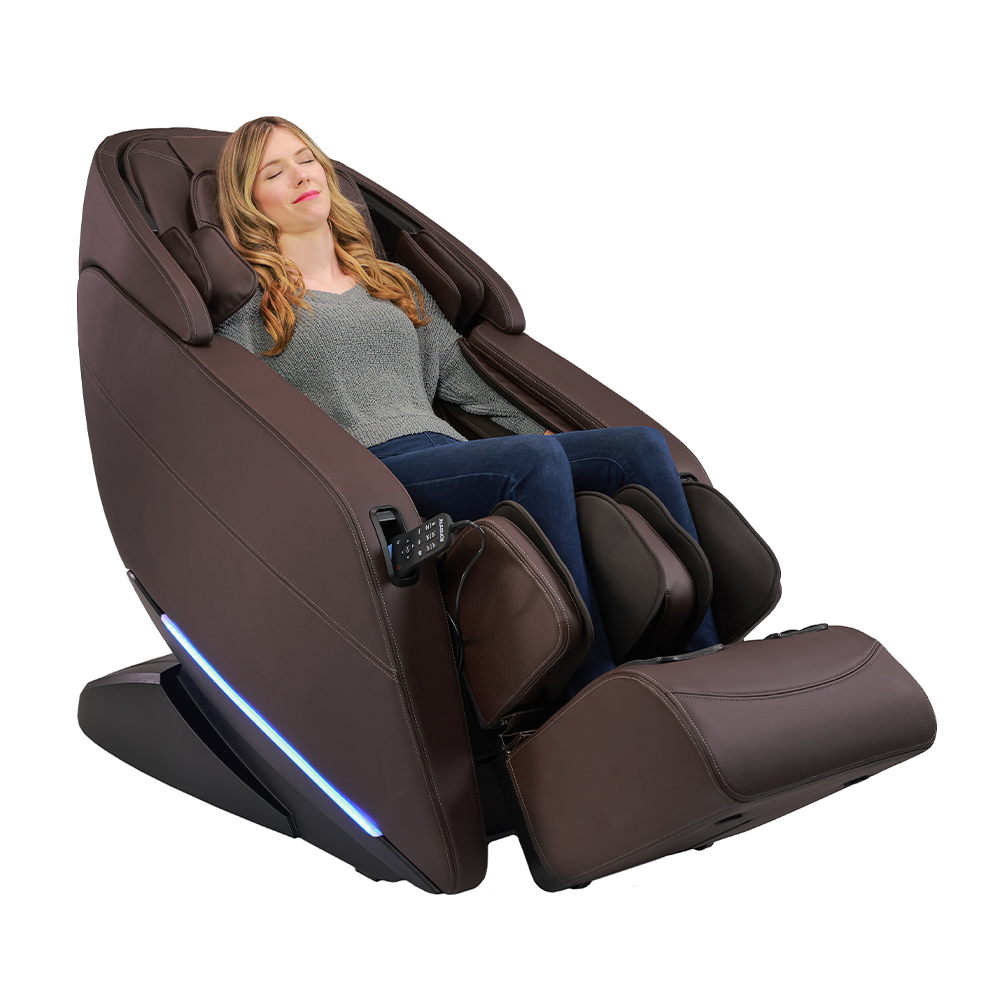 Woman relaxes with eyes closed in a Kyota Yugana M780 4D Massage Chair enjoying a calf massage.
