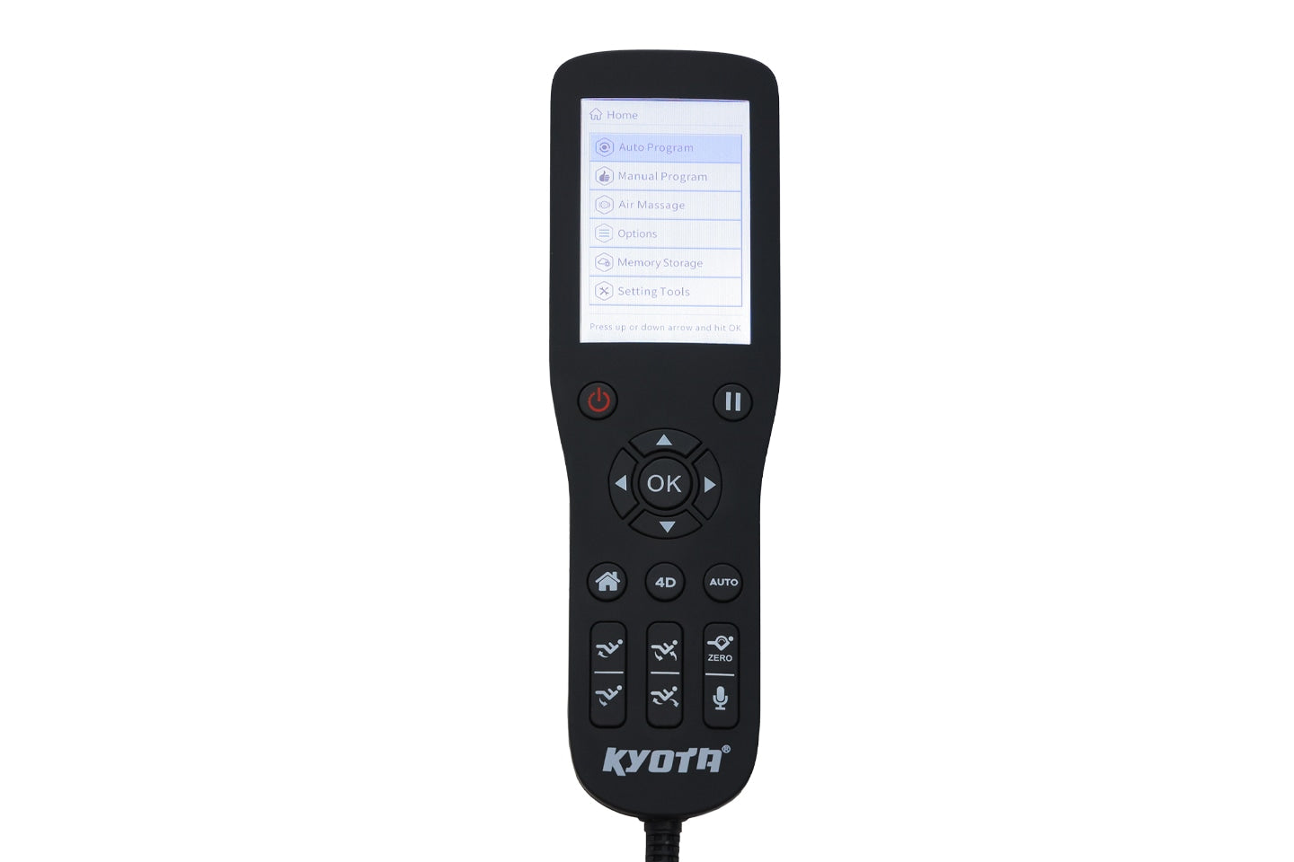 Black Kyota remote with screen for Yugana M780 4D Massage Chair and multiple buttons below.