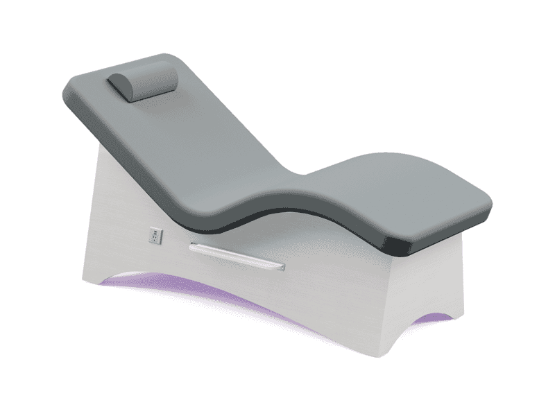 Oakworks CURVA Lounger, gray with AeroCel padding, white base & built-in headrest pillow.
