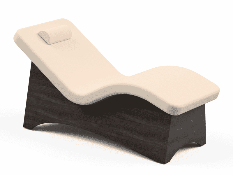 Oakworks CURVA Lounger with cream AeroCel padding, dark wooden base, side view.