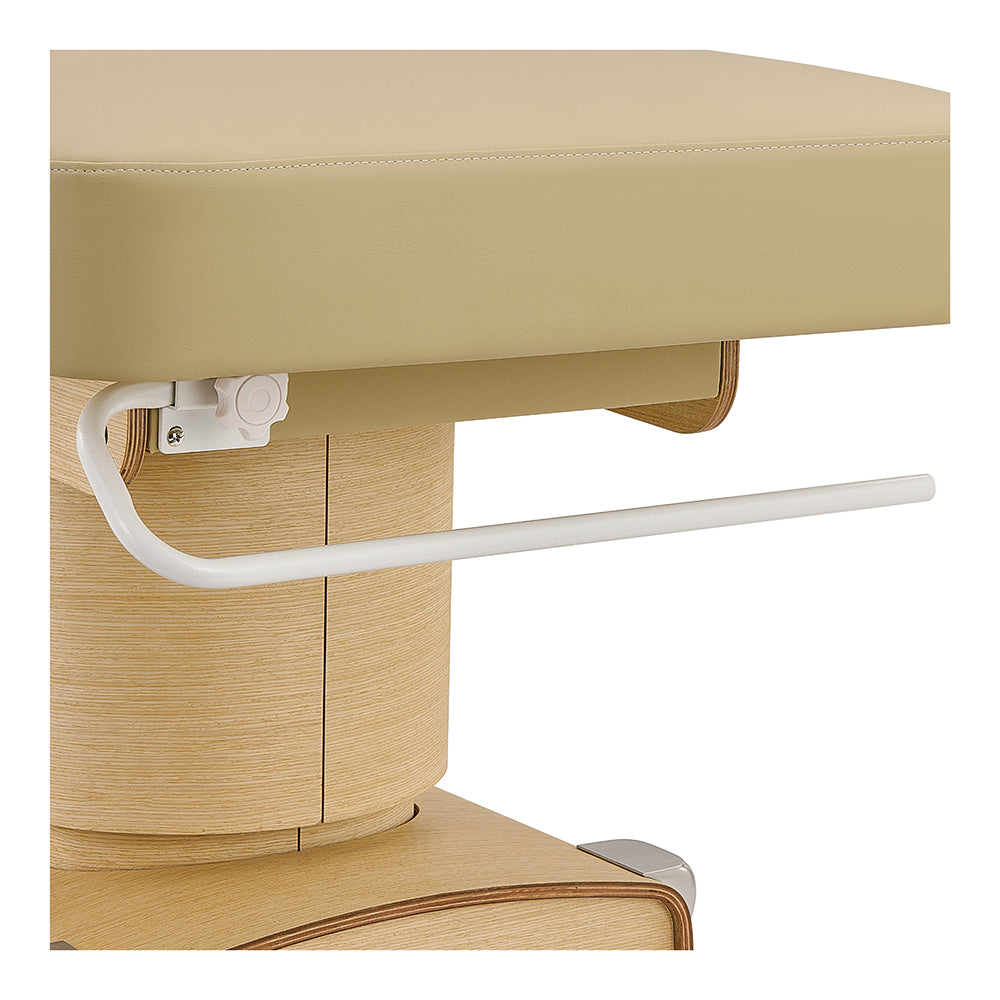 Beige Luxi table with wooden base and white paper holder on a white background