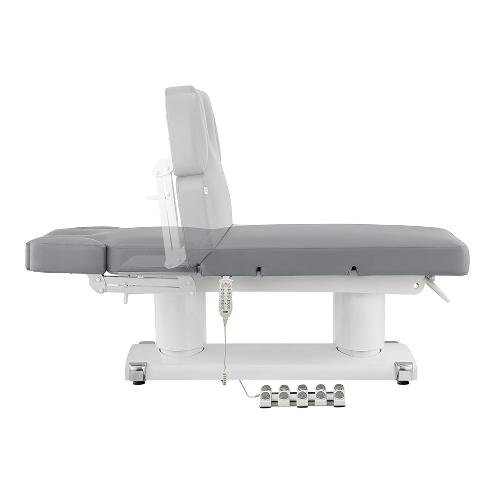 Medical examination table with adjustable headrest on a white background