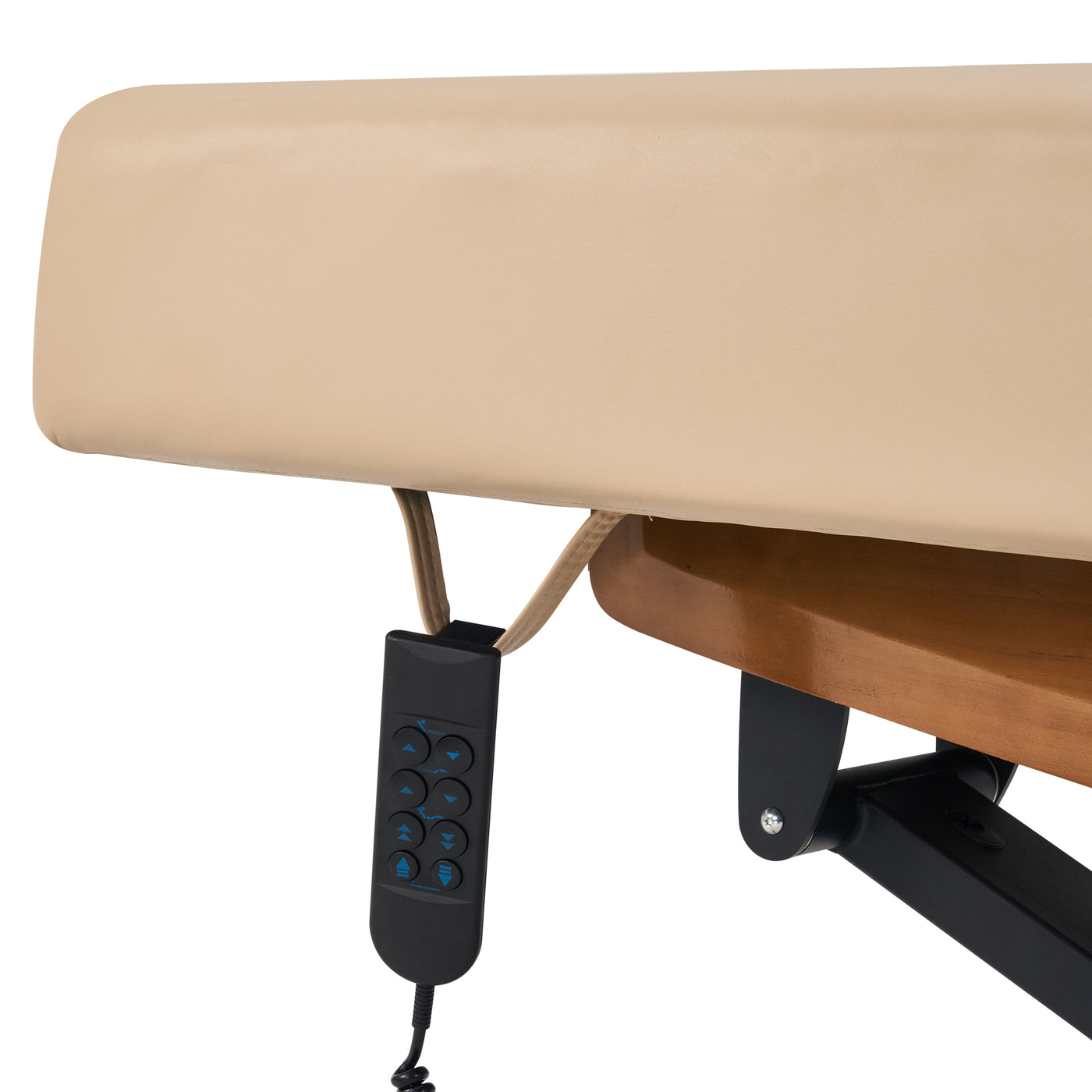 Close-up of Master Massage Atlas Deluxe Spa Bed with remote control hanging from the side.