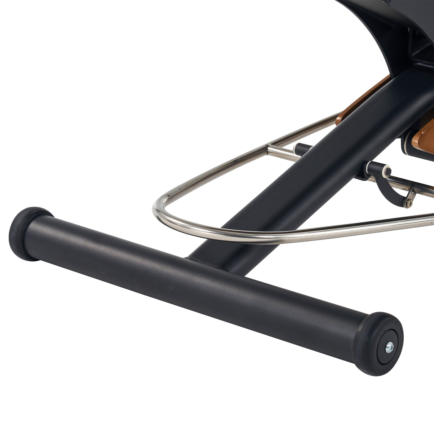 Close-up of black metal bar with wheels and chrome support for Master Massage Atlas Deluxe Bed.