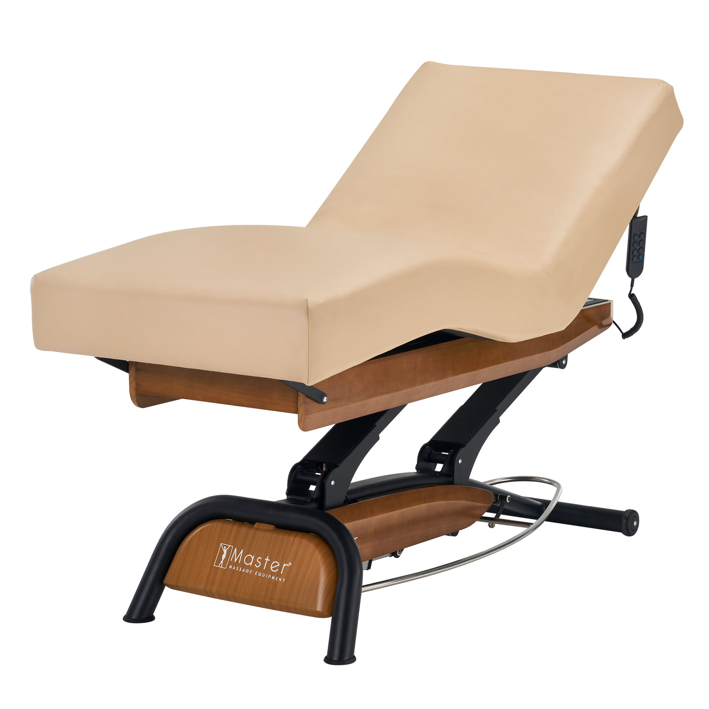Master Massage Atlas Deluxe Electric Lift Bed in beige, shown raised with Powerlift Height.