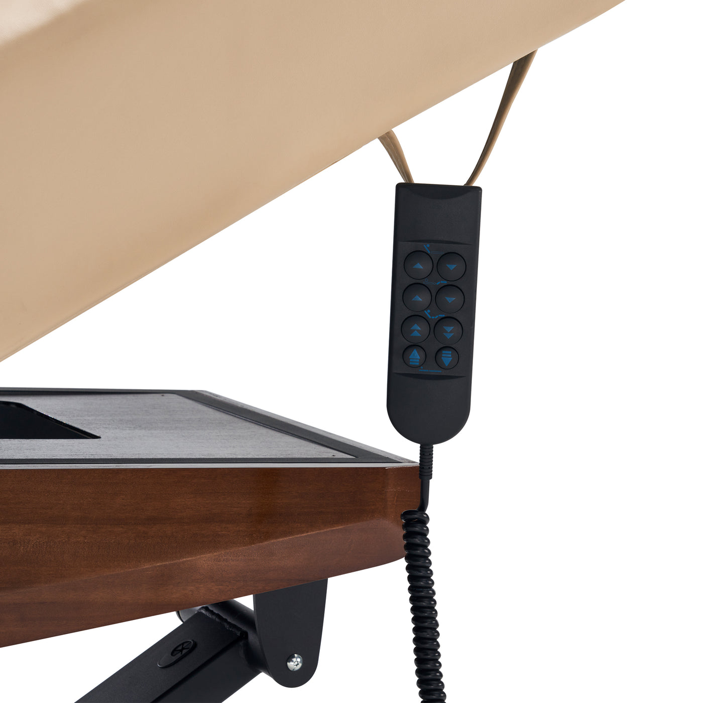 Remote control hanging from a Master Massage Atlas Deluxe Electric Lift Spa Bed with wood finish.