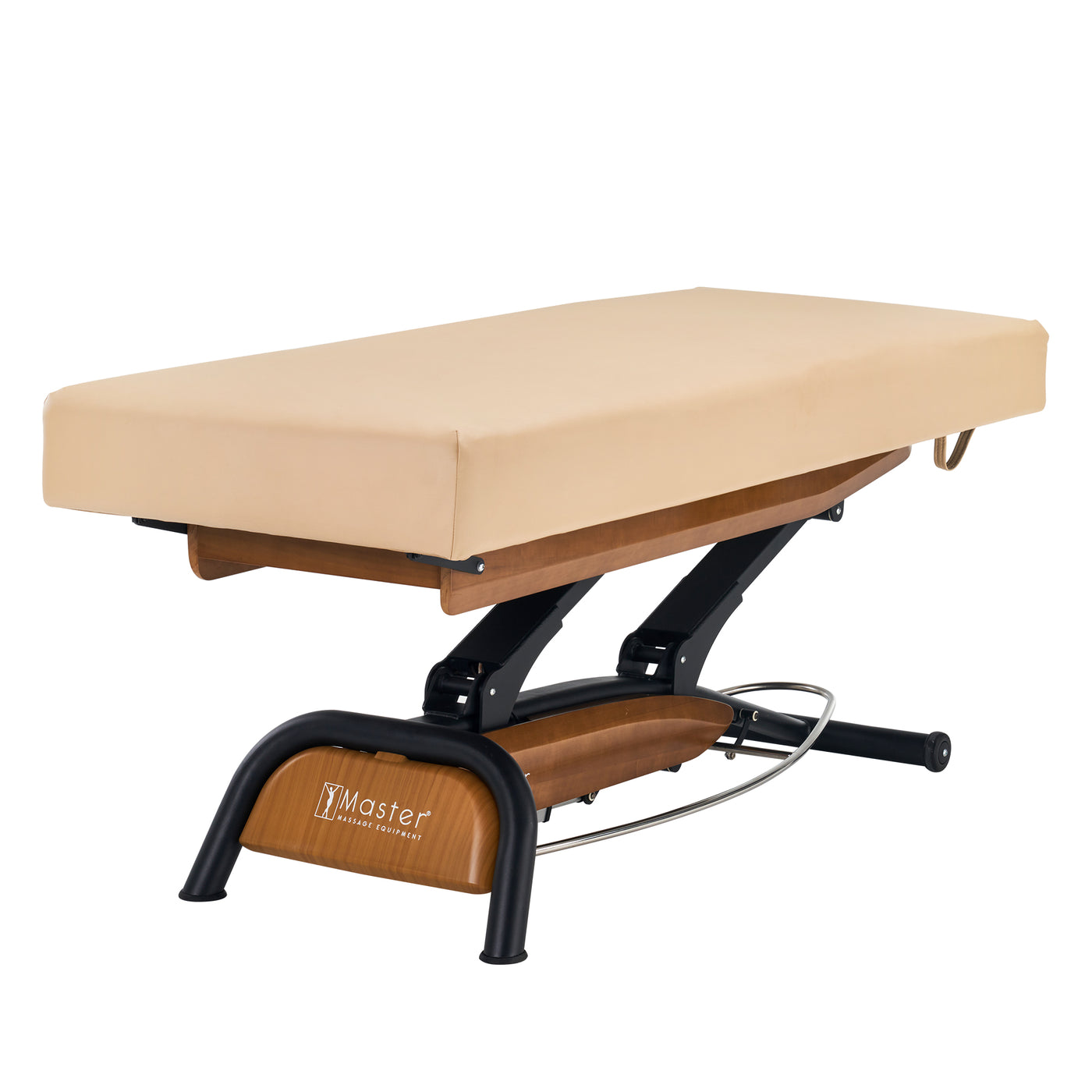 Master Massage Atlas Flat Electric Lift Spa Bed with elevaFlex padding and wood/metal base.