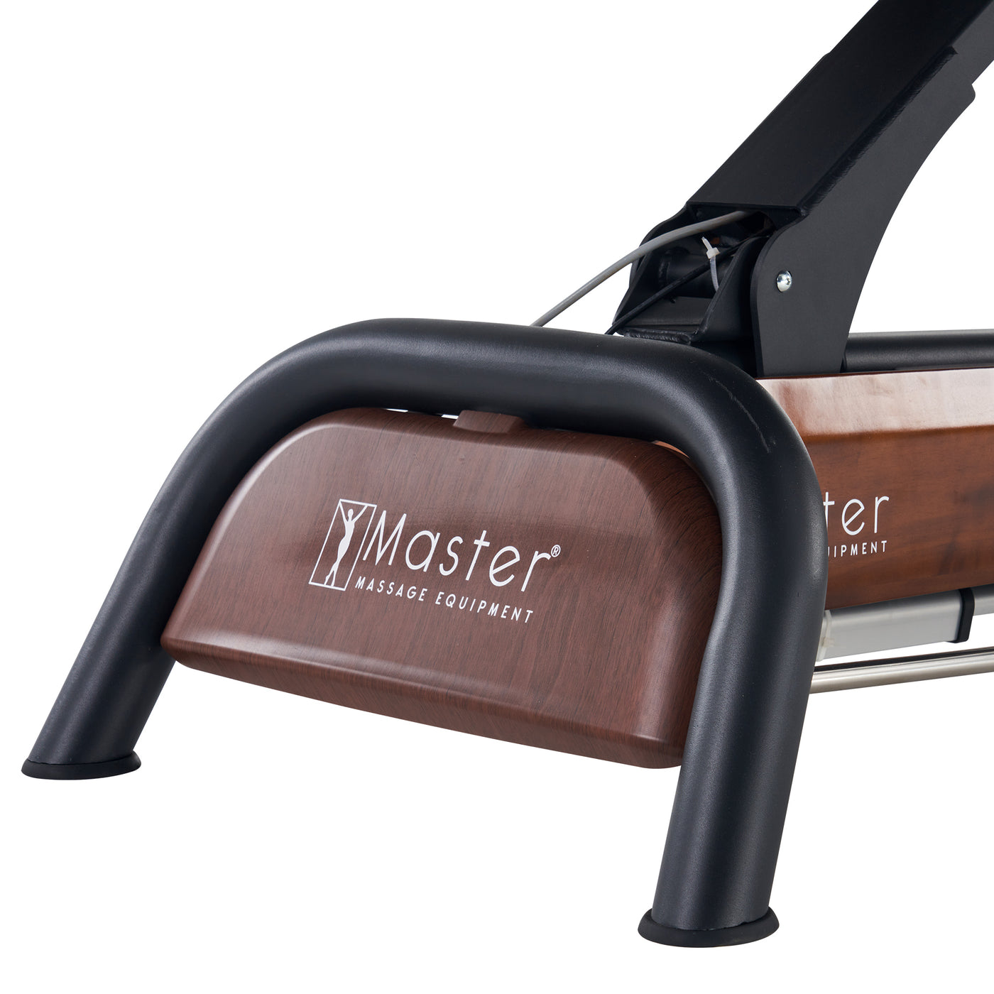 Close-up of Master Massage Atlas Flat Electric Lift Bed leg with brand logo on wood panel.