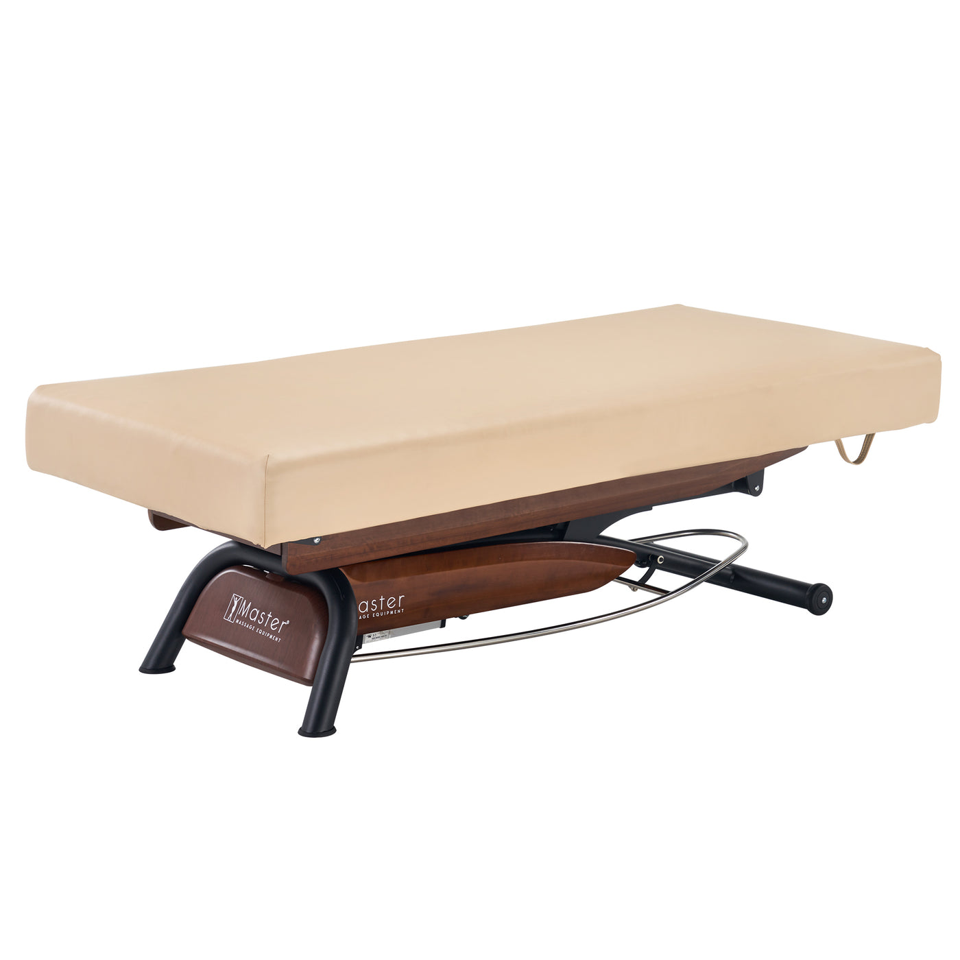 Master Massage Atlas Flat Electric Lift Bed with ElevaFlex padding and a wood-metal base, beige.