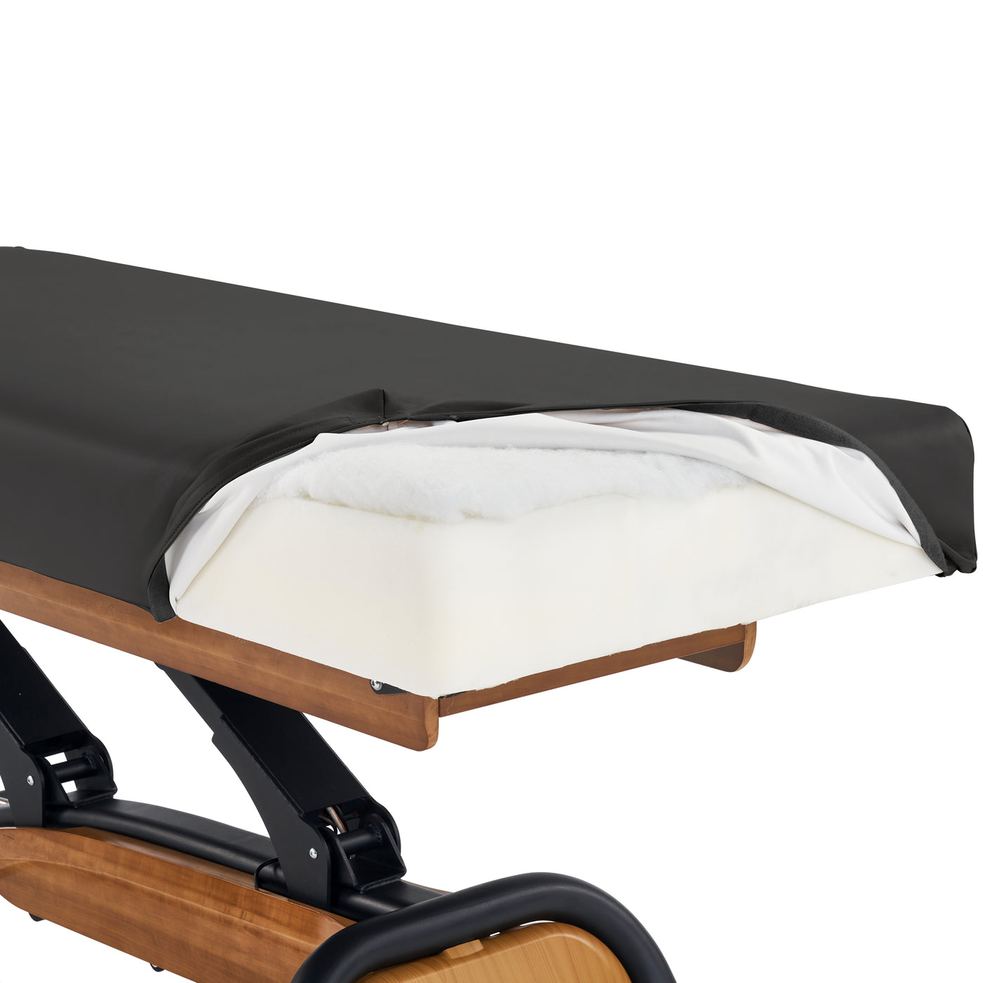 Master Massage Atlas Flat Electric Lift Bed, elevaFlex padding, black cover pulled back for foam.