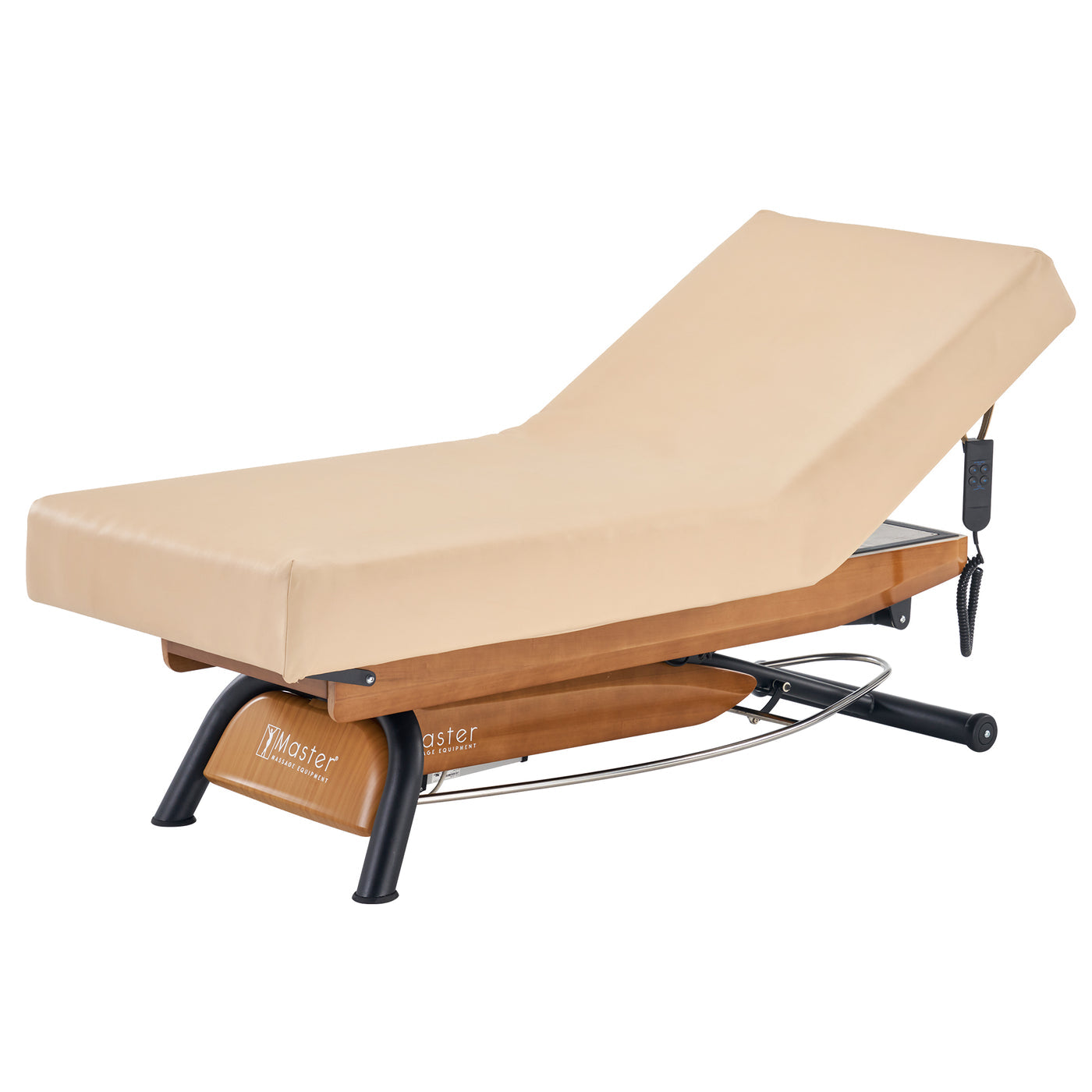 Master Massage Atlas Liftback electric lift spa bed in beige with remote, ElevaFlex padding system.