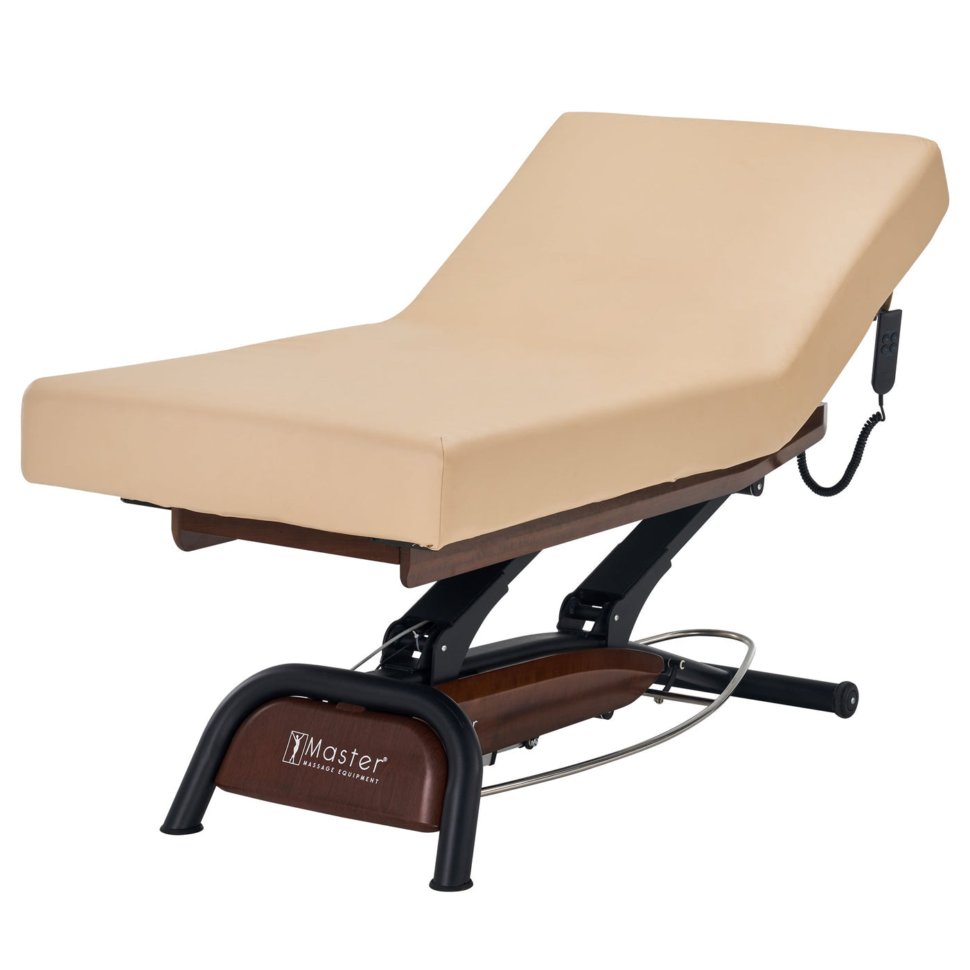 Master Massage Atlas Liftback spa bed, beige, remote control, dark wood and metal base.