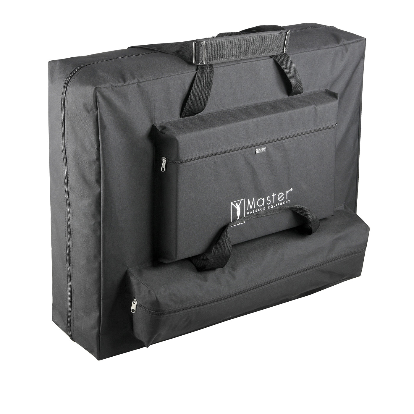 Black carrying case for Master Massage Roma II table with handles, two pockets, and logo.