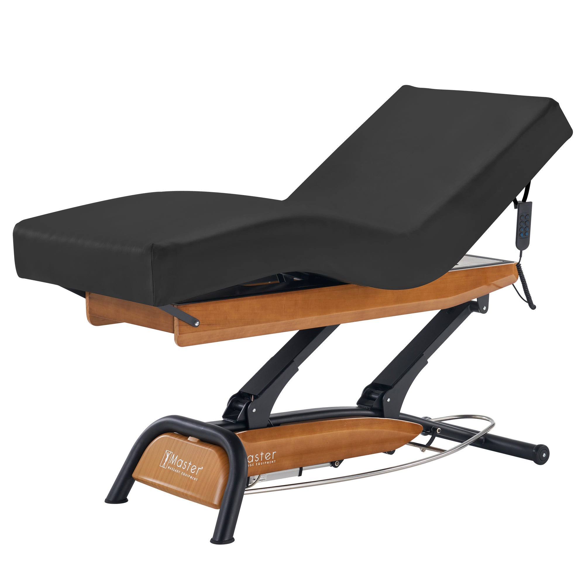 Master Massage Atlas Deluxe Spa Bed with wooden base, black upholstery & electric lift remote.