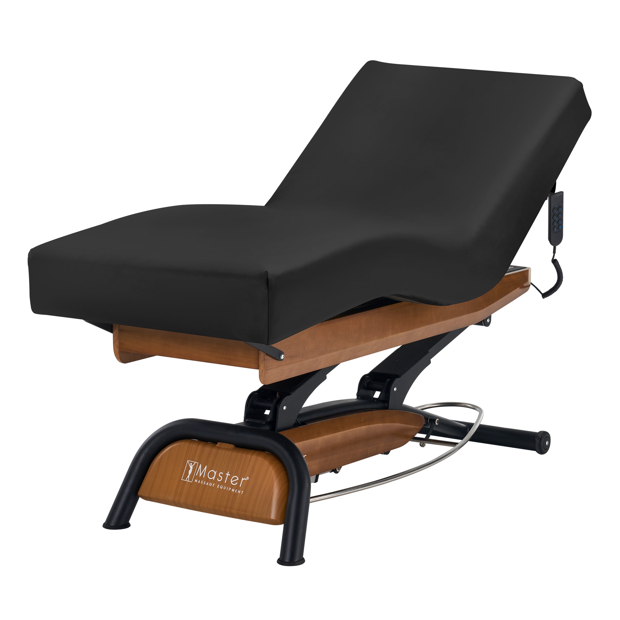 Master Massage Atlas Deluxe Electric Lift Spa Bed with black cushions and Powerlift height adjust.