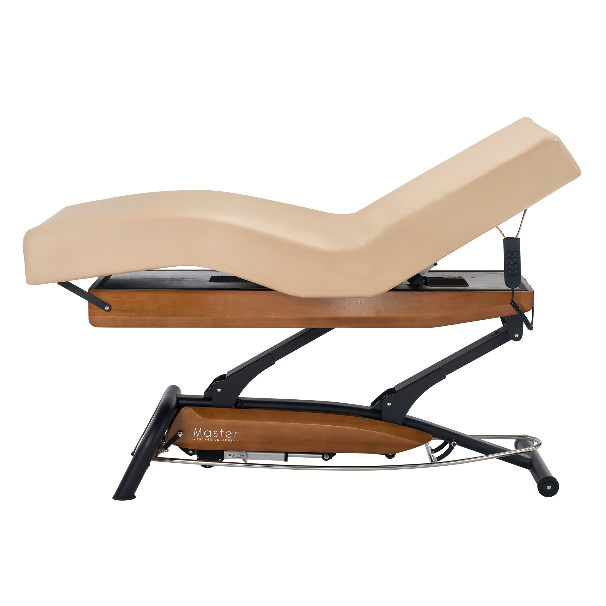 Master Massage Atlas Deluxe Electric Lift Bed with tan cushion, powerlift, and wood base reclined.