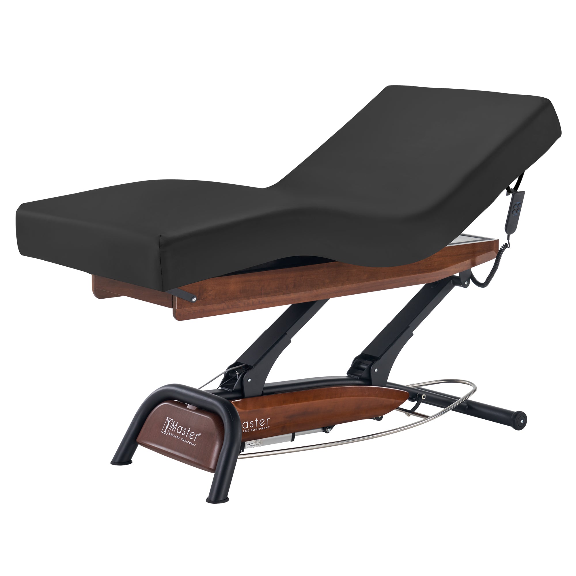Master Massage Atlas Deluxe Electric Lift Spa Bed—adjustable, wood base, metal frame.