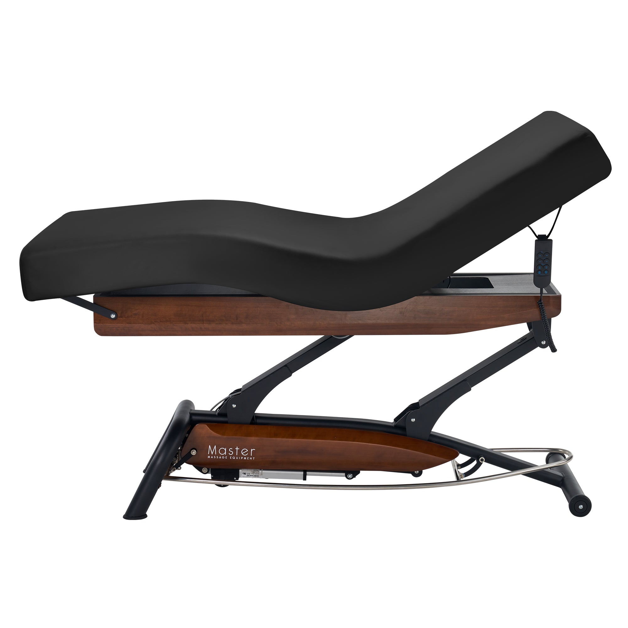 Master Massage Atlas Deluxe Electric Lift Bed with black cushion and wood frame, reclined.