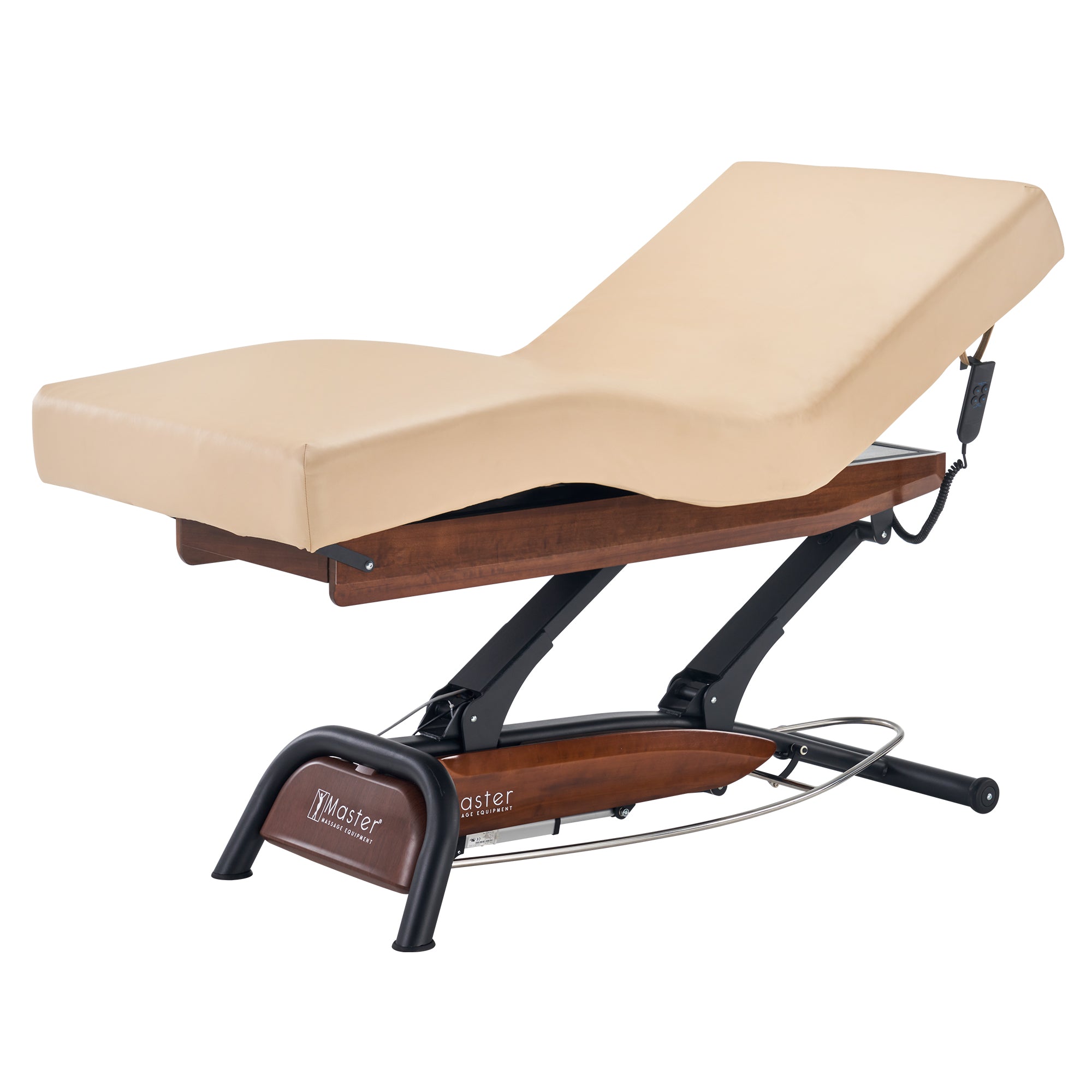 Master Massage Atlas Deluxe spa bed: electric lift, beige, wood base, adjustable head/foot.
