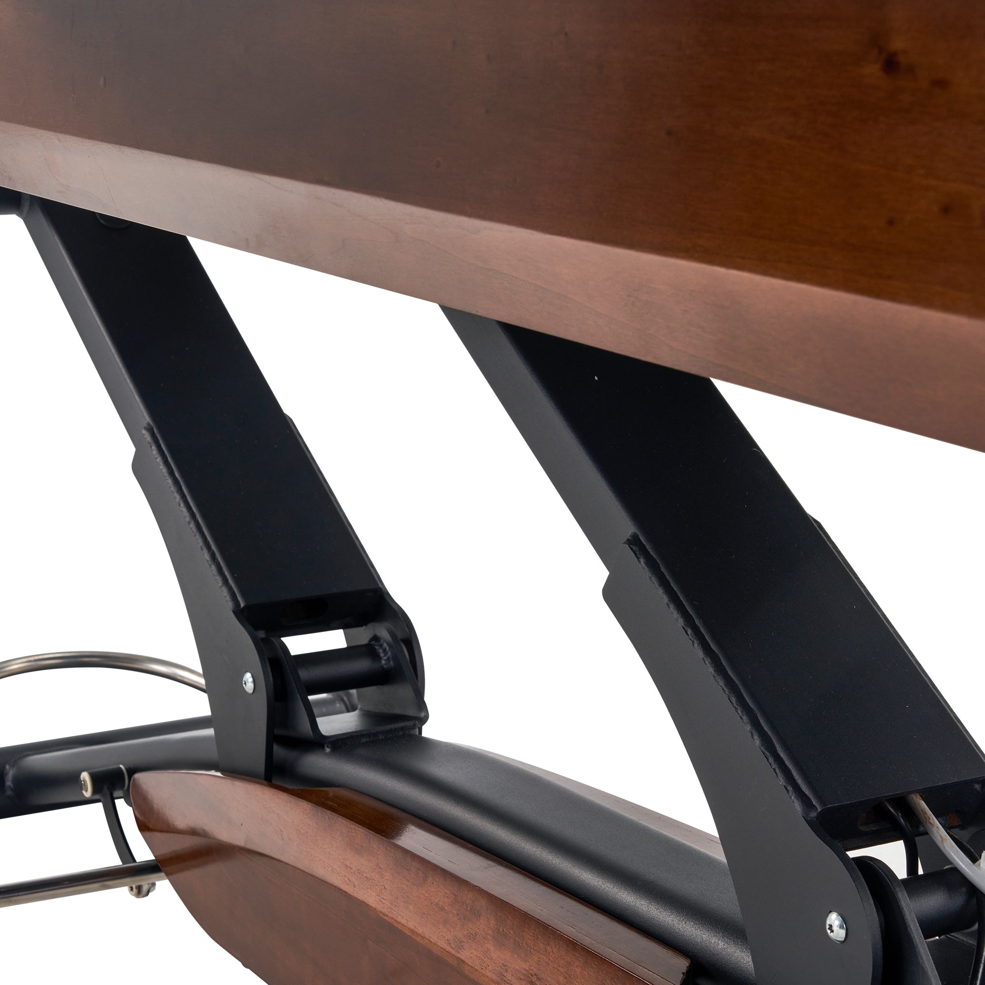 Close-up of Powerlift black metal lift on Master Massage Atlas Deluxe Electric Lift Spa Bed.