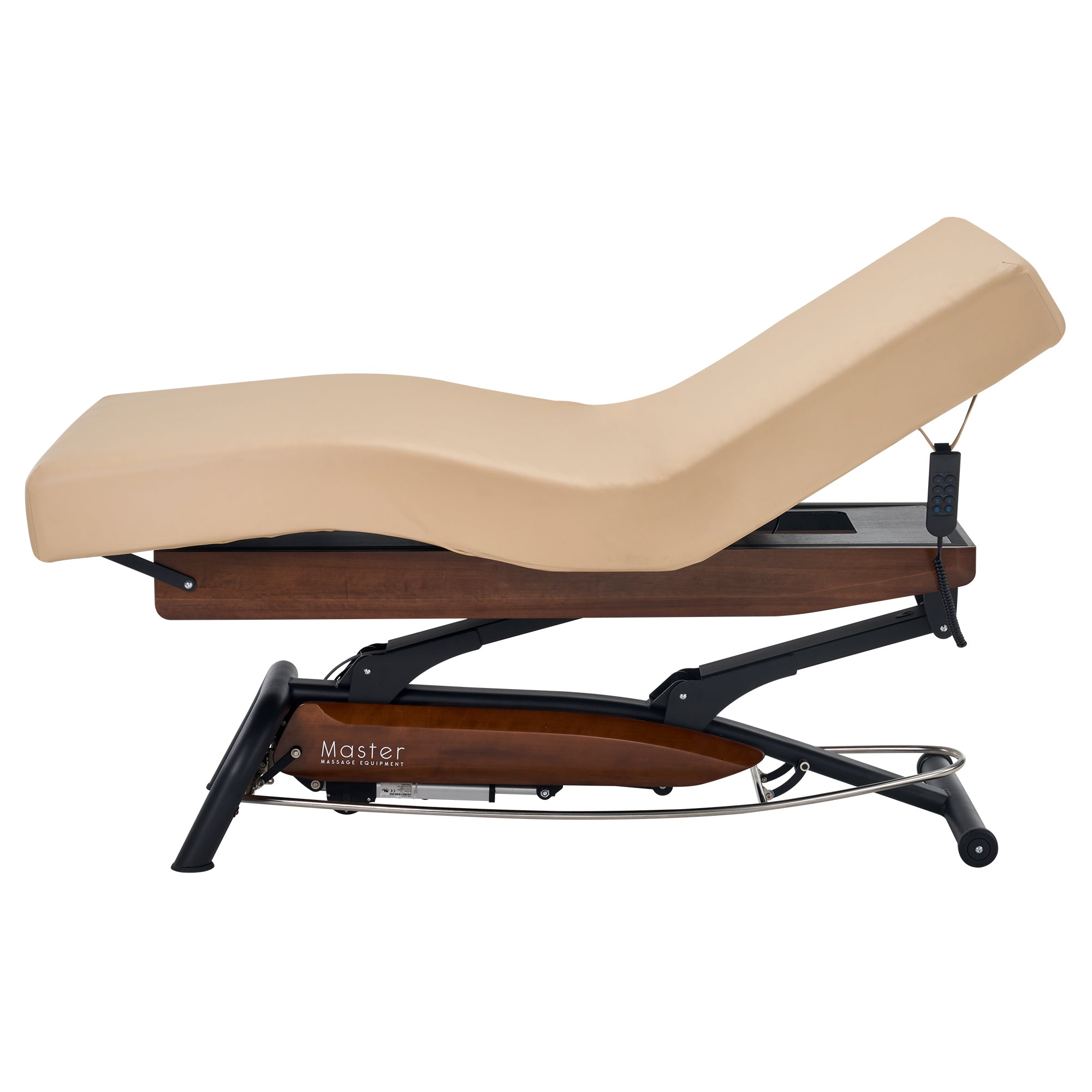 Master Massage Atlas Deluxe Electric Lift Spa Bed, beige cushion, wood base, reclined height.