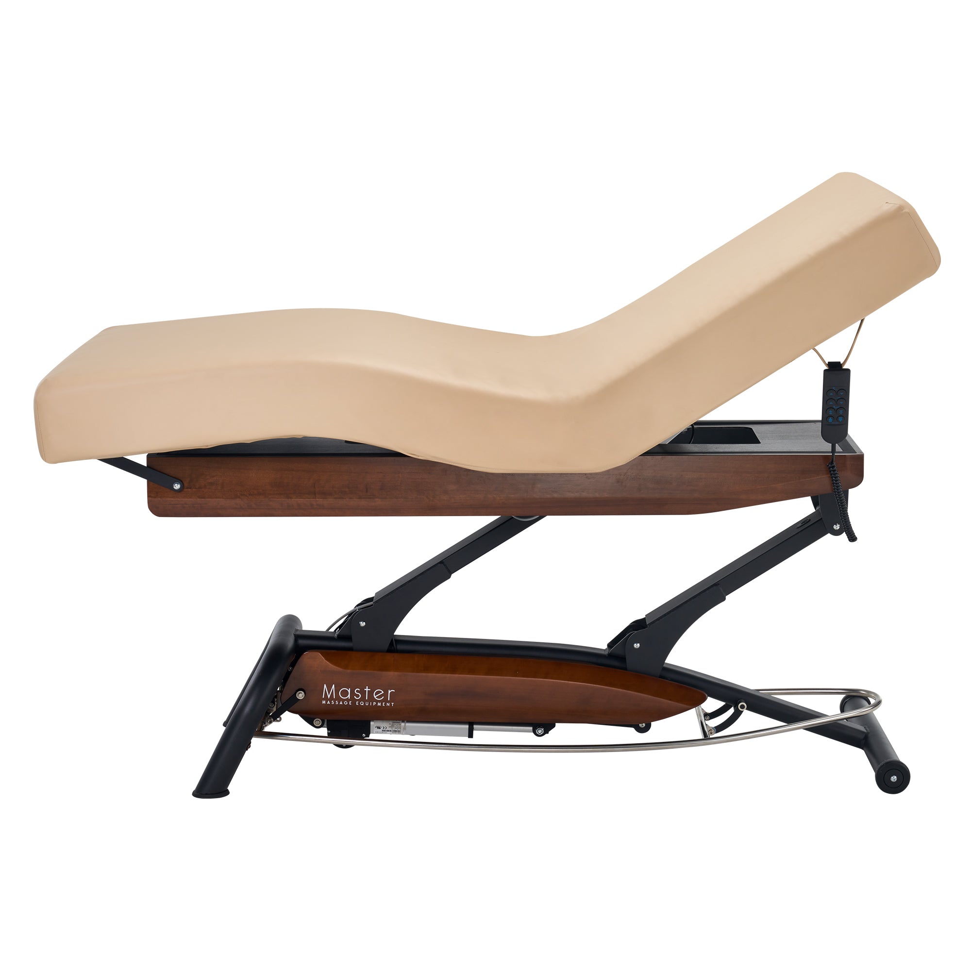 Master Massage Atlas Deluxe Electric Lift Spa Bed, beige cushion, wood frame, reclined.