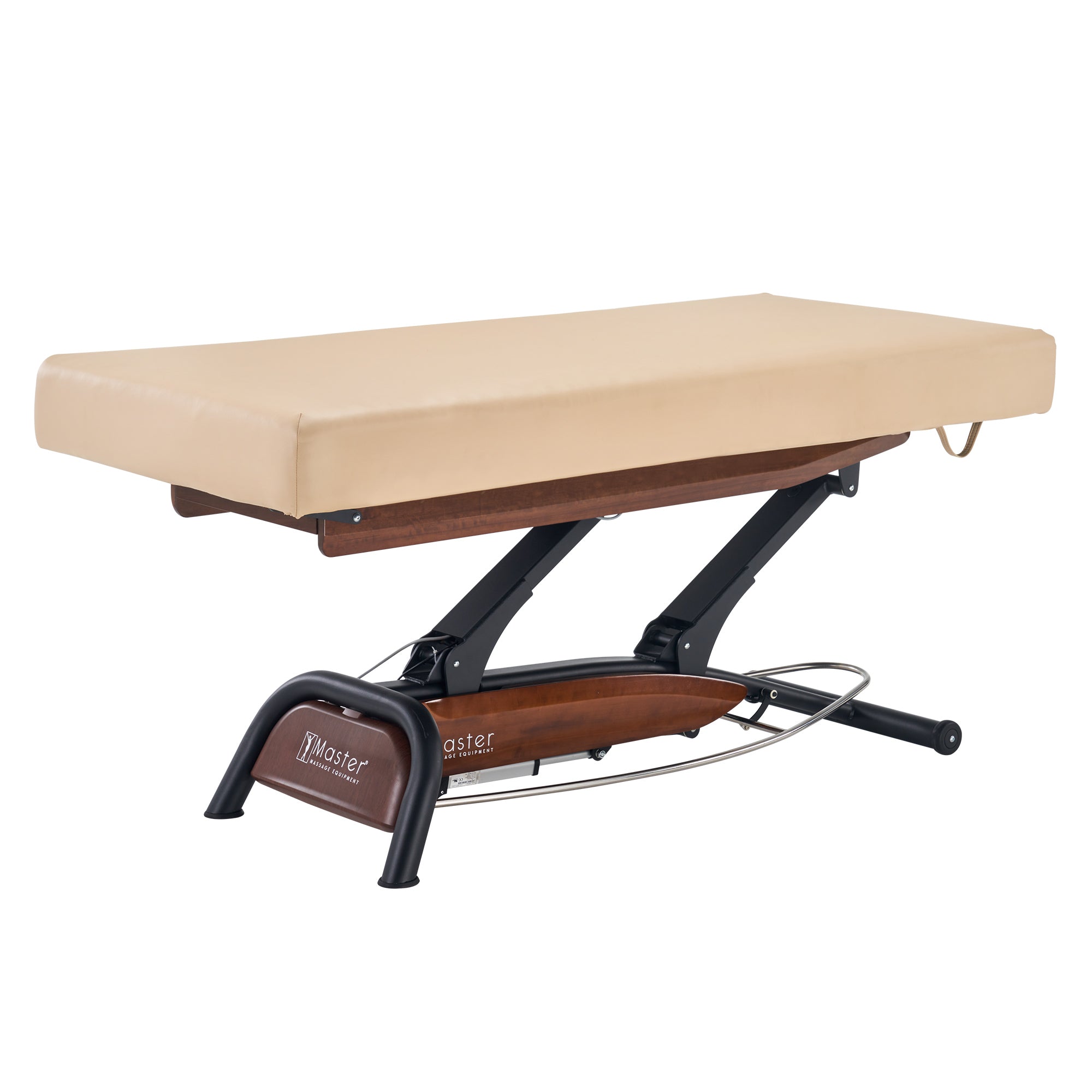 Master Massage Atlas flat electric lift spa bed with sturdy wood-metal base and height adjustment.