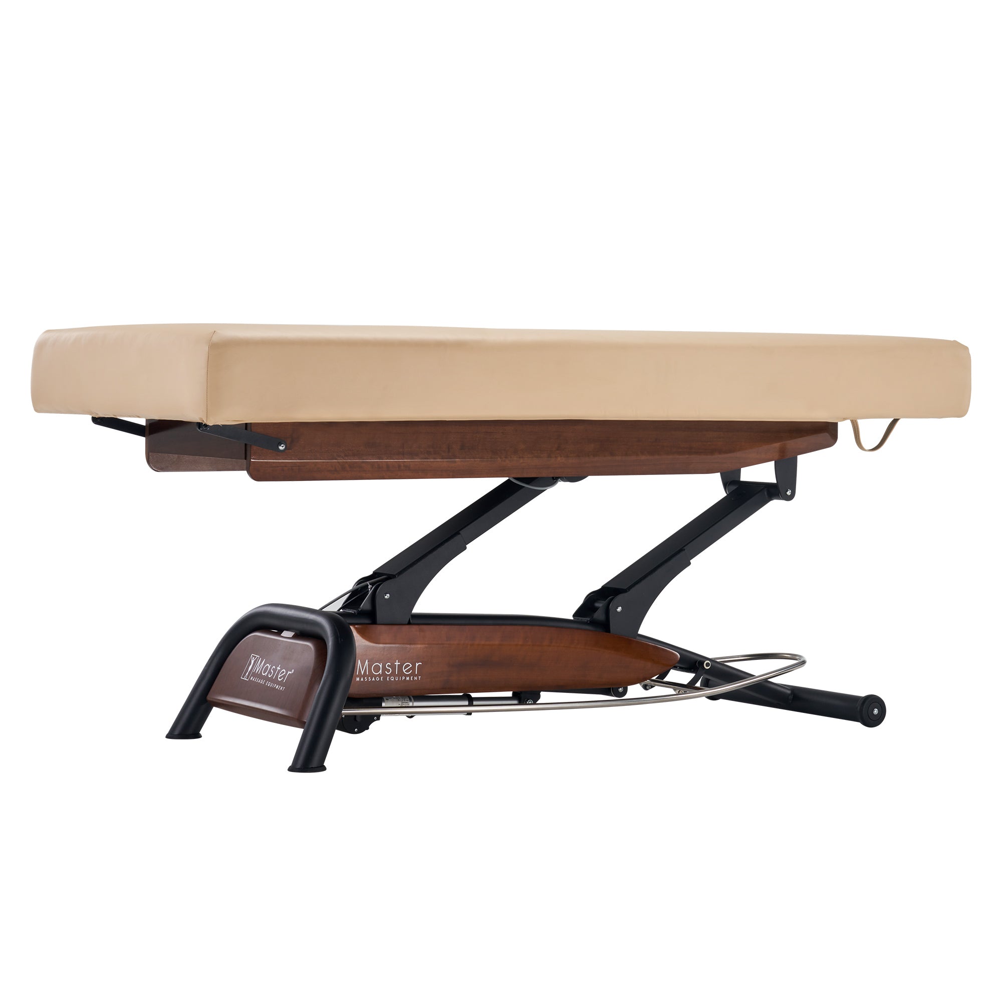 Master Massage Atlas Flat Electric Lift Bed with elevaFlex padding, beige cushion, dark wood base.